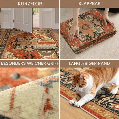 Vintage Läufer Rot 80x150cm - Waschbarer Teppich für Flur & Wohnzimmer