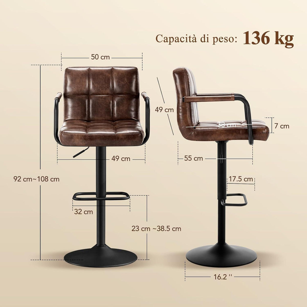 Barhocker 2er Set Höhenverstellbar mit Armlehnen & Fußstütze