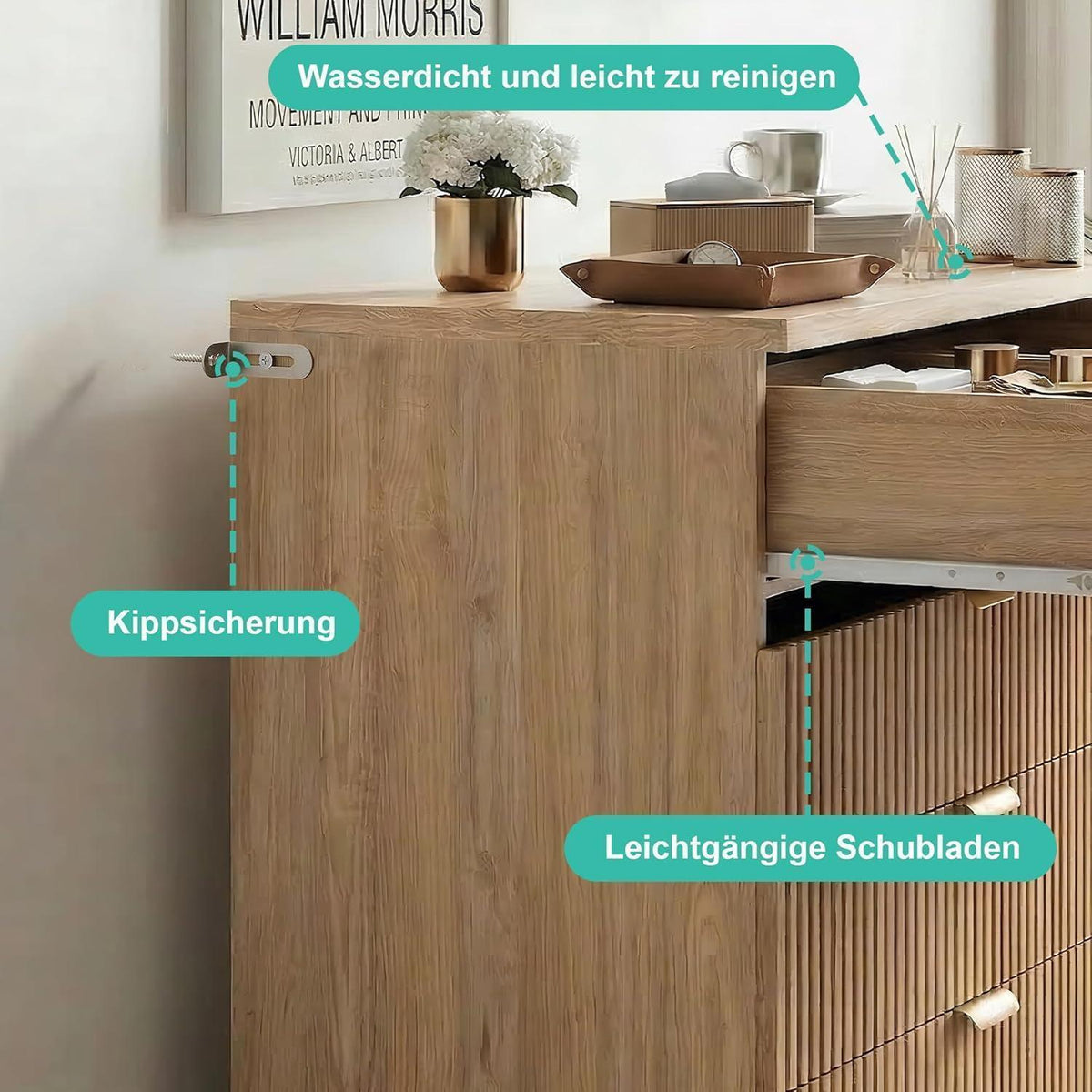 Kommode 5 Schubladen Holz, Landhausstil mit Kippschutz