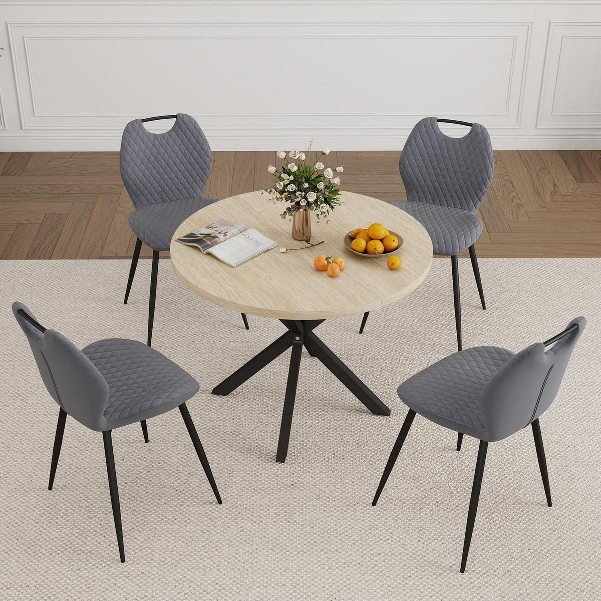 Runder Esstisch Set 100cm mit 4 Samtstühlen – Gelb & Grau