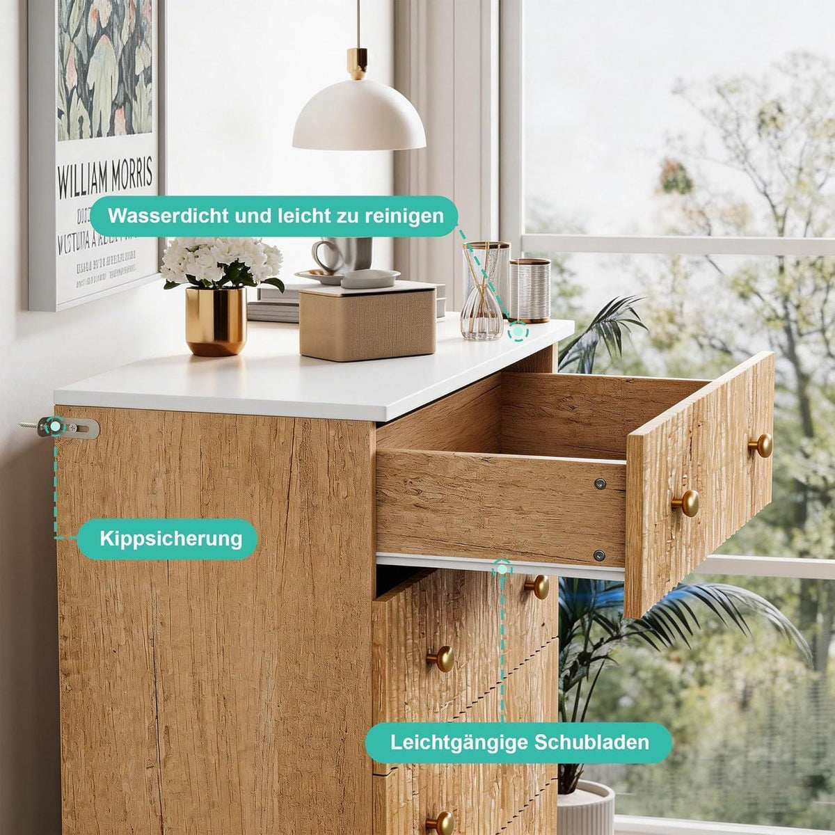Kommode 5 Schubladen Holz, Landhausstil mit Kippschutz