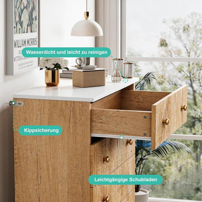 Kommode 5 Schubladen Holz, Landhausstil mit Kippschutz