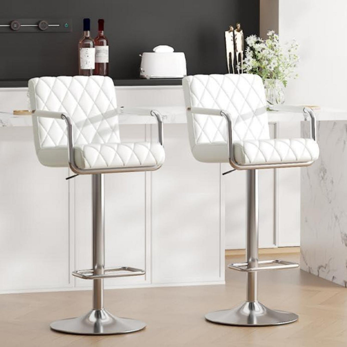 Barhocker Set 2x Höhenverstellbar mit Armlehnen & Fußstütze Weiß
