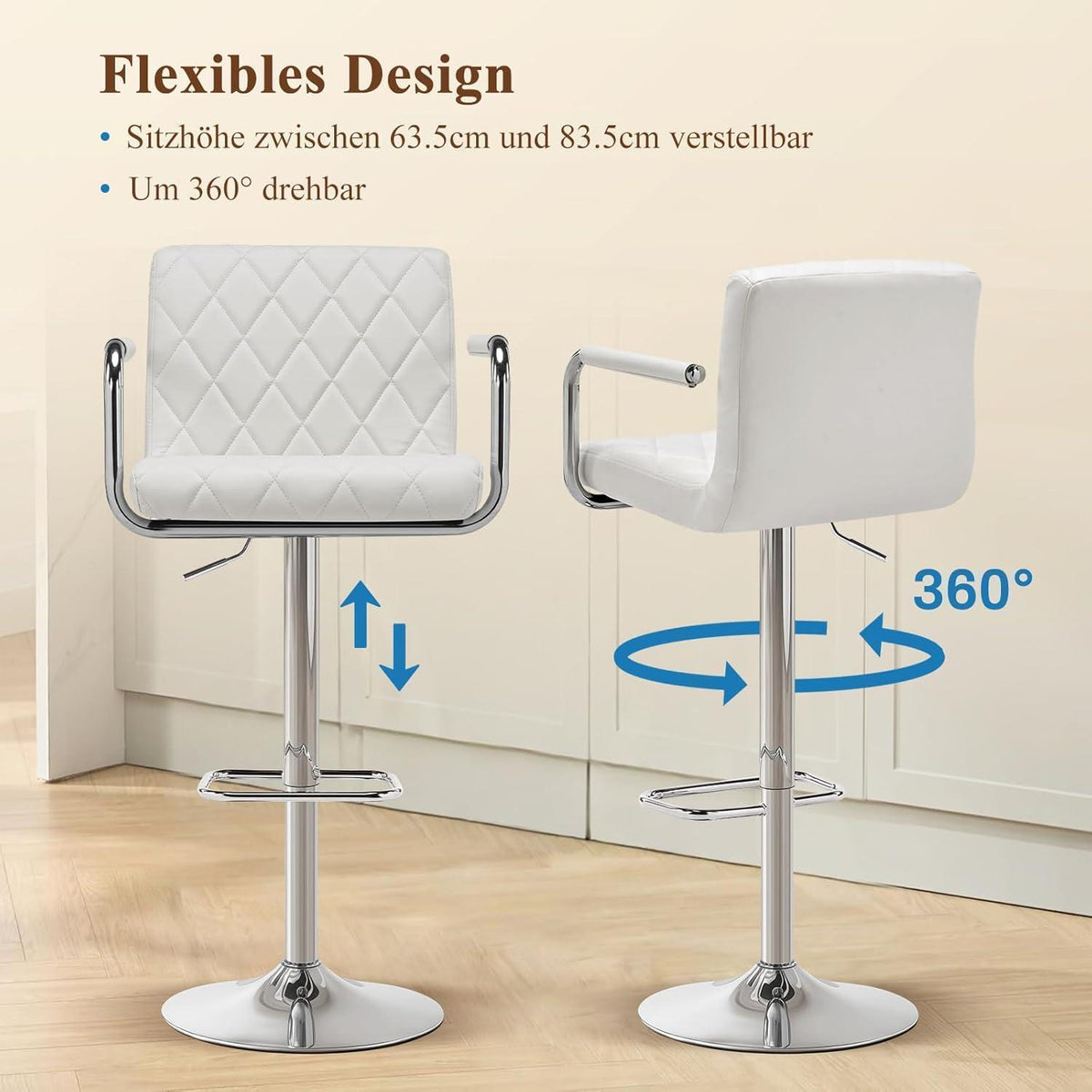 Barhocker Set 2x Höhenverstellbar mit Armlehnen & Fußstütze Weiß