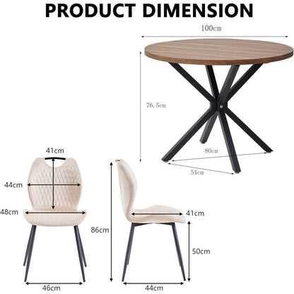 Runder Esstisch Set 100cm mit 4 Samtstühlen Dunkel/Beige