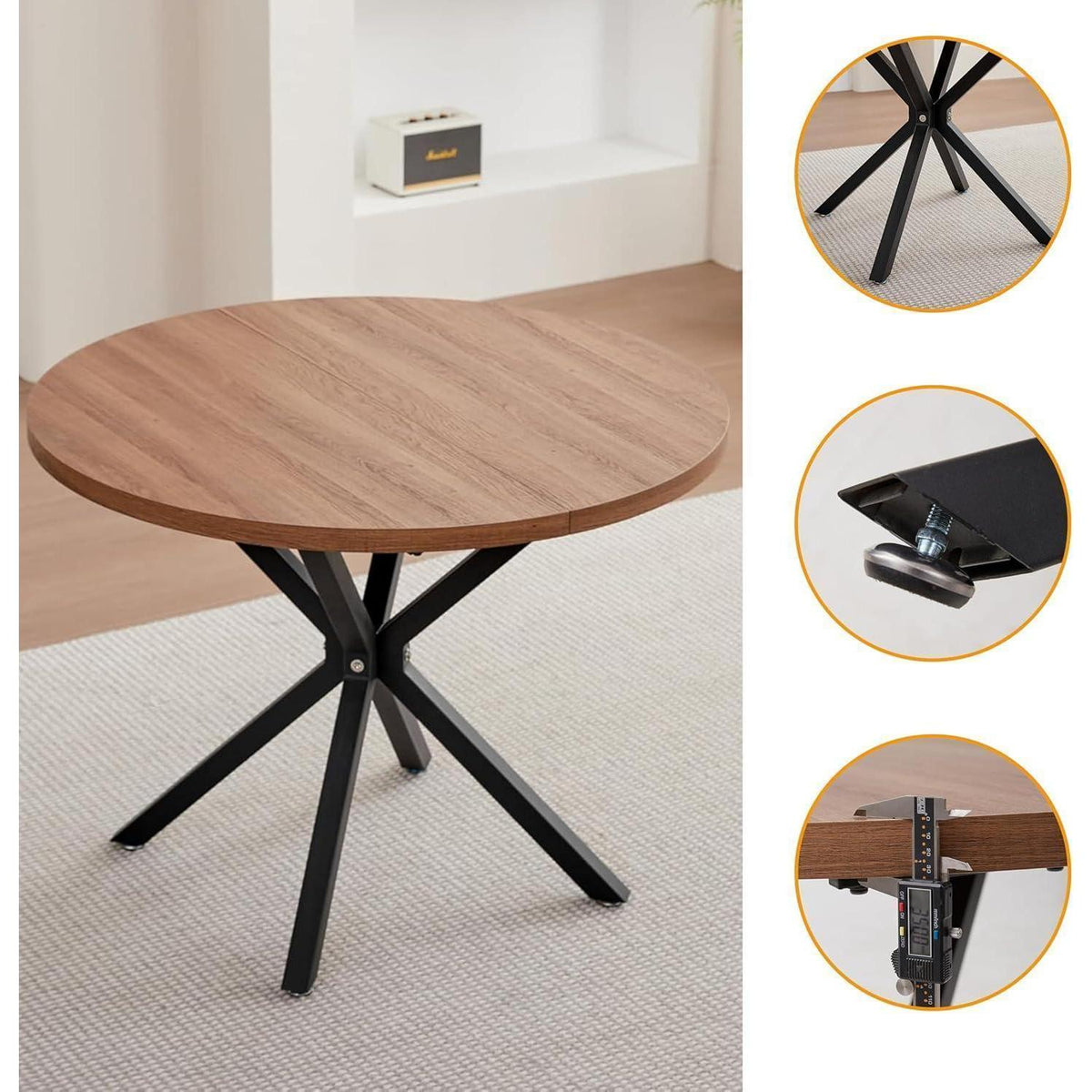 Runder Esstisch Set 100cm mit 4 Samtstühlen Dunkel/Beige
