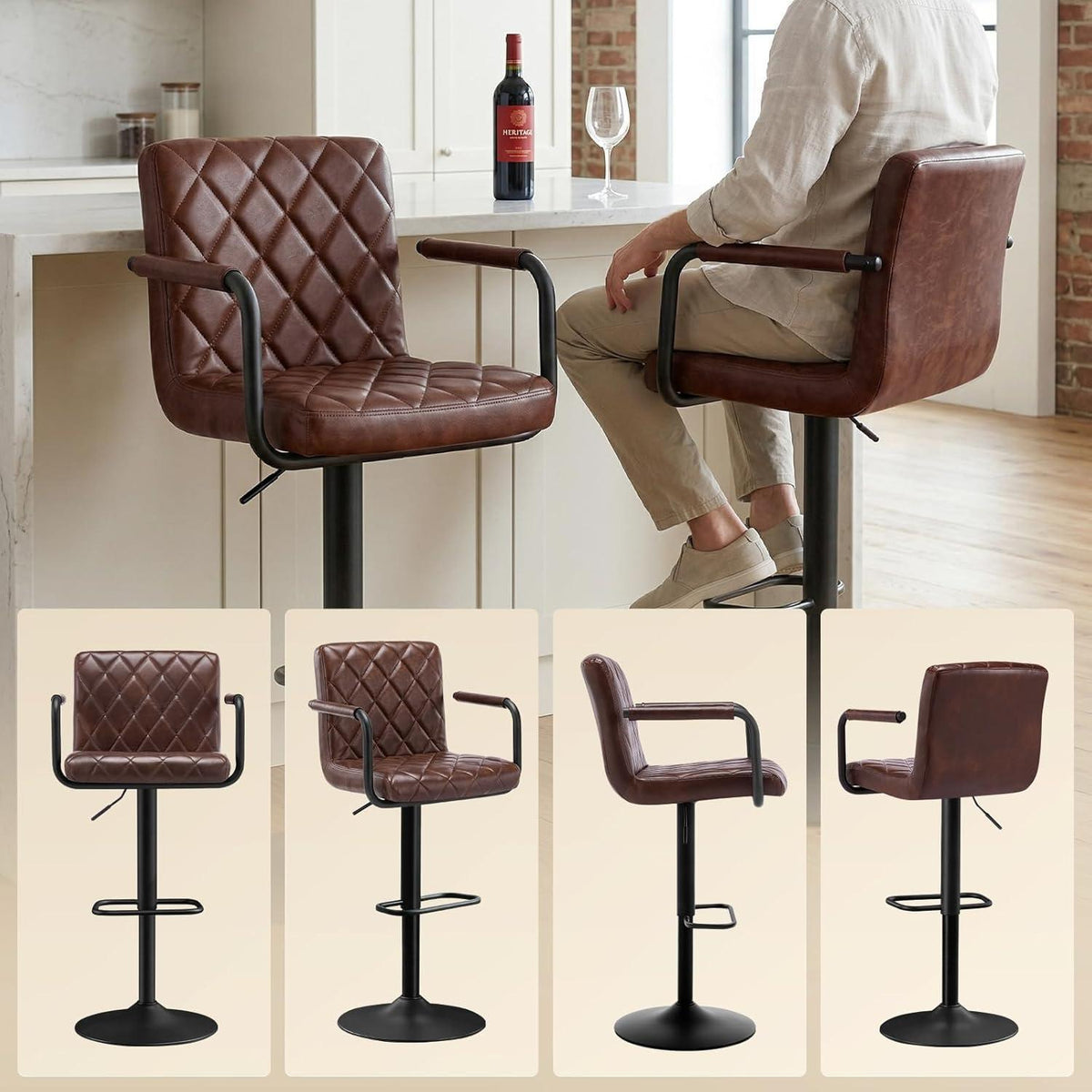 Barhocker Set 4er – Höhenverstellbar & 360° Drehbar Dunkelbraun