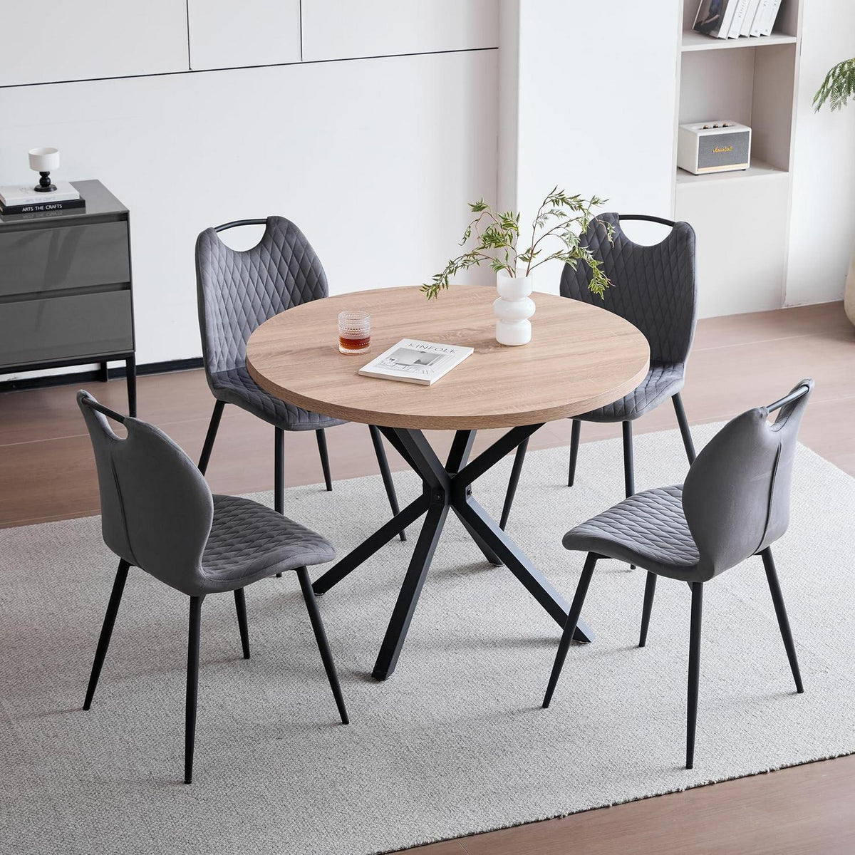 Runder Esstisch Set 100cm mit 4 Samtstühlen Grau/Holz