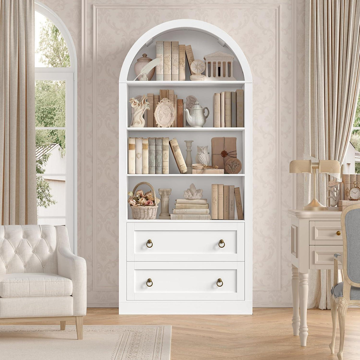 Bücherregal mit 2 Schubladen & Gewölbe – Weißes Hochschrank Möbel