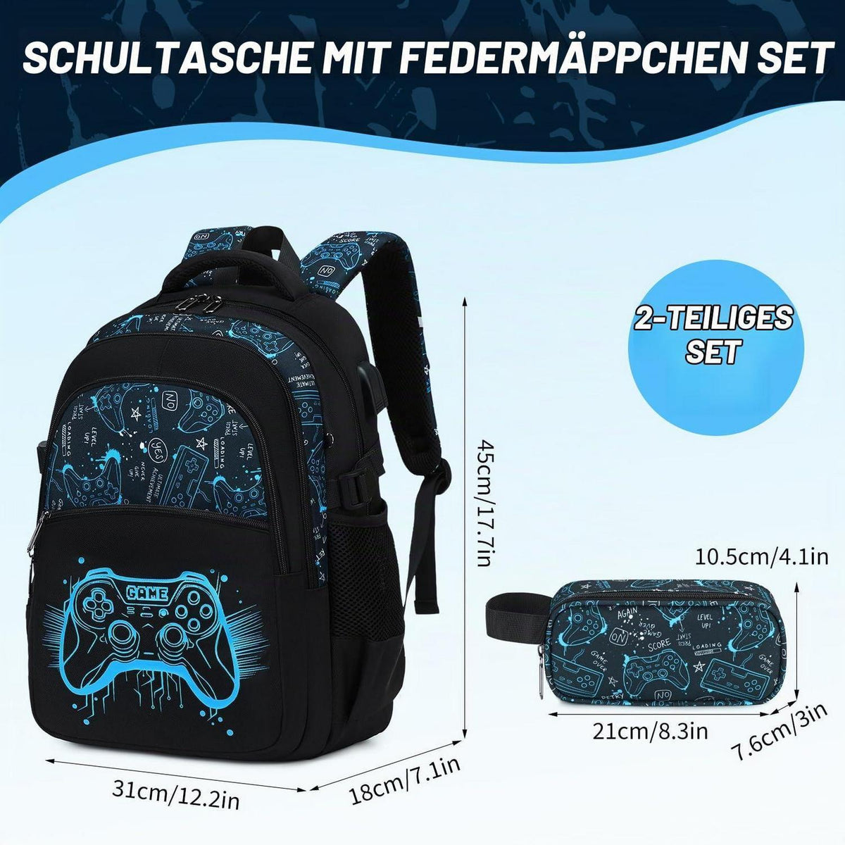 Schulrucksack Jungen Set Blau Spiel – Rucksack + Federmäppchen