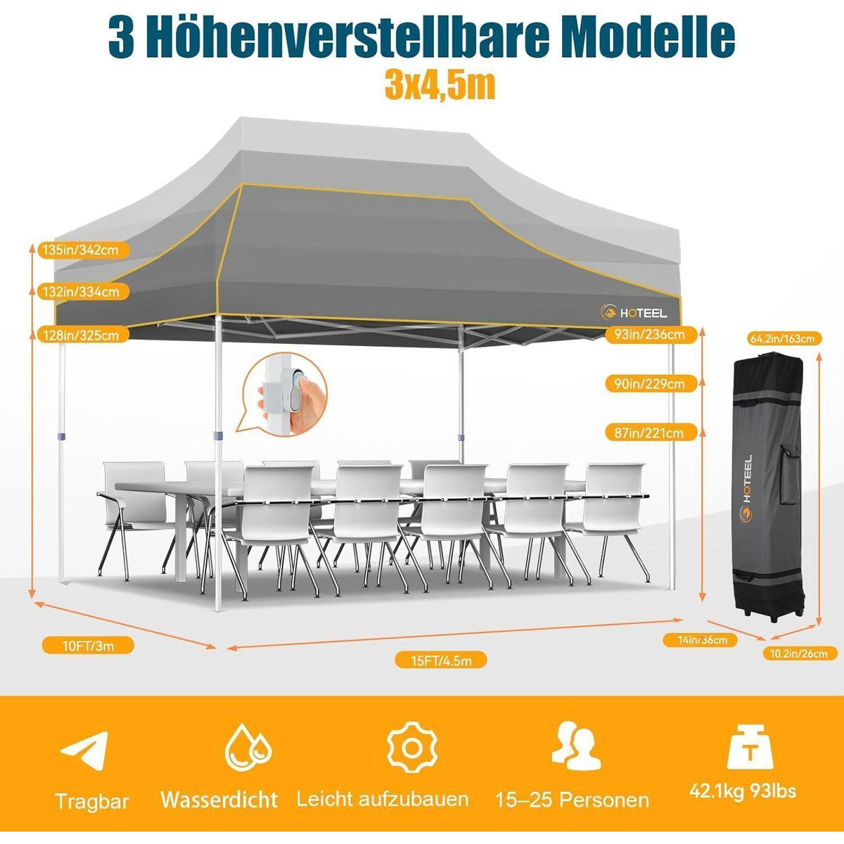 Faltpavillon 3x4,5m – Wasserdicht, Stabil & Winterfest für Garten & Events