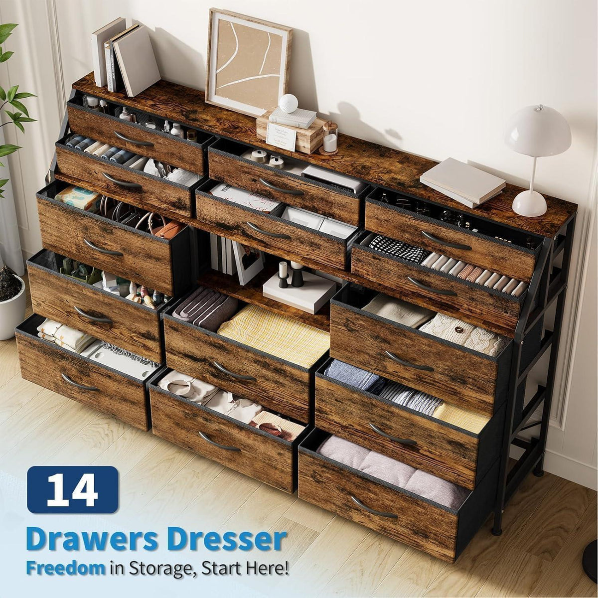 Kommode mit 14 Stoffschubladen – Braun, Schlafzimmer & Flur