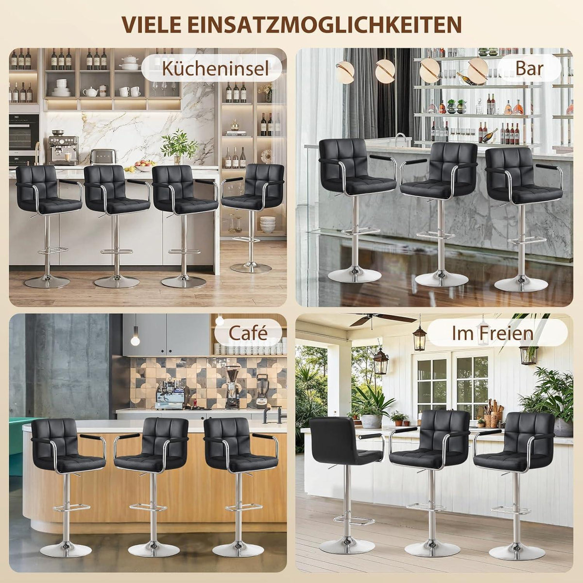 Barhocker Set 4er – Höhenverstellbar, Schwarz in Lederoptik