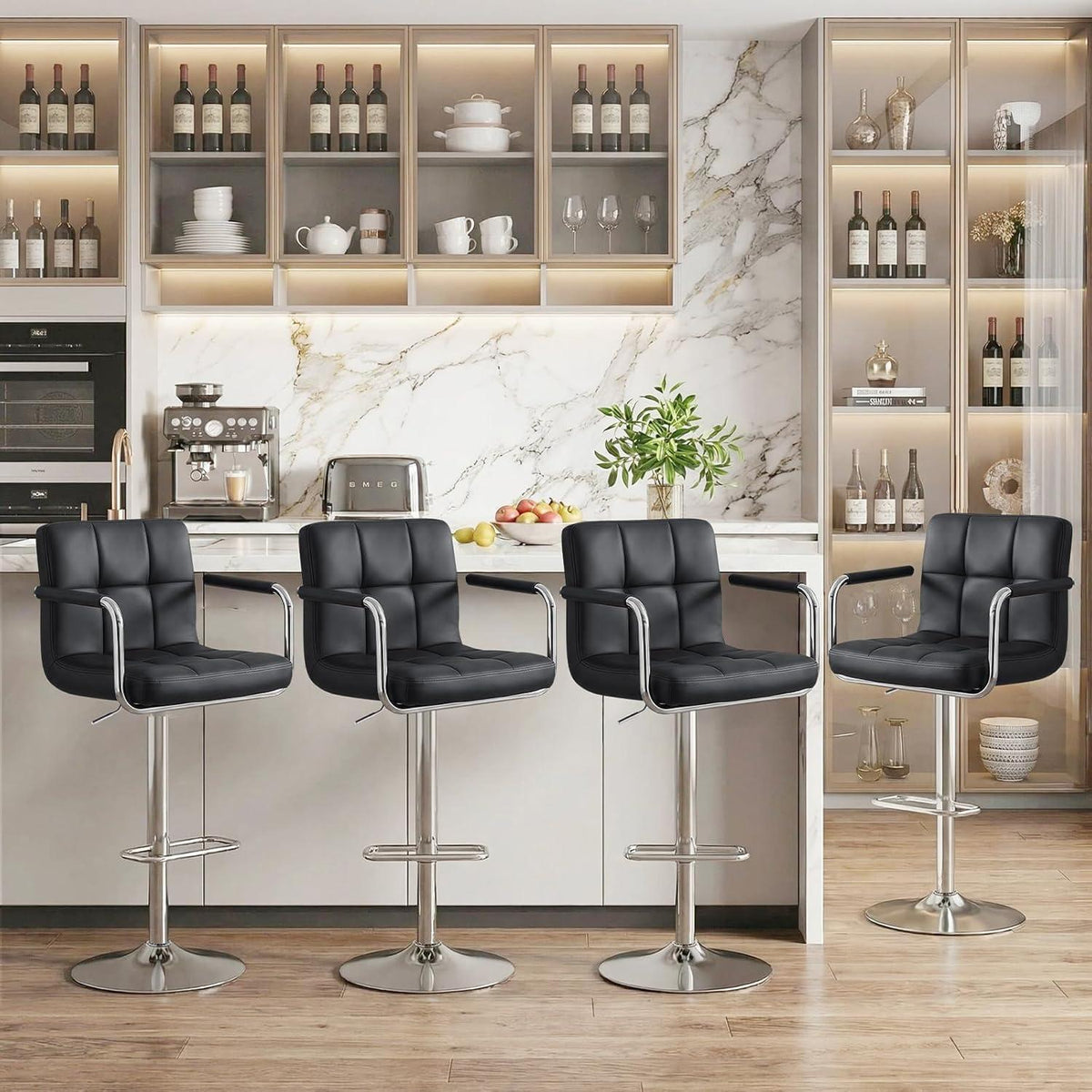 Barhocker Set 4er – Höhenverstellbar, Schwarz in Lederoptik