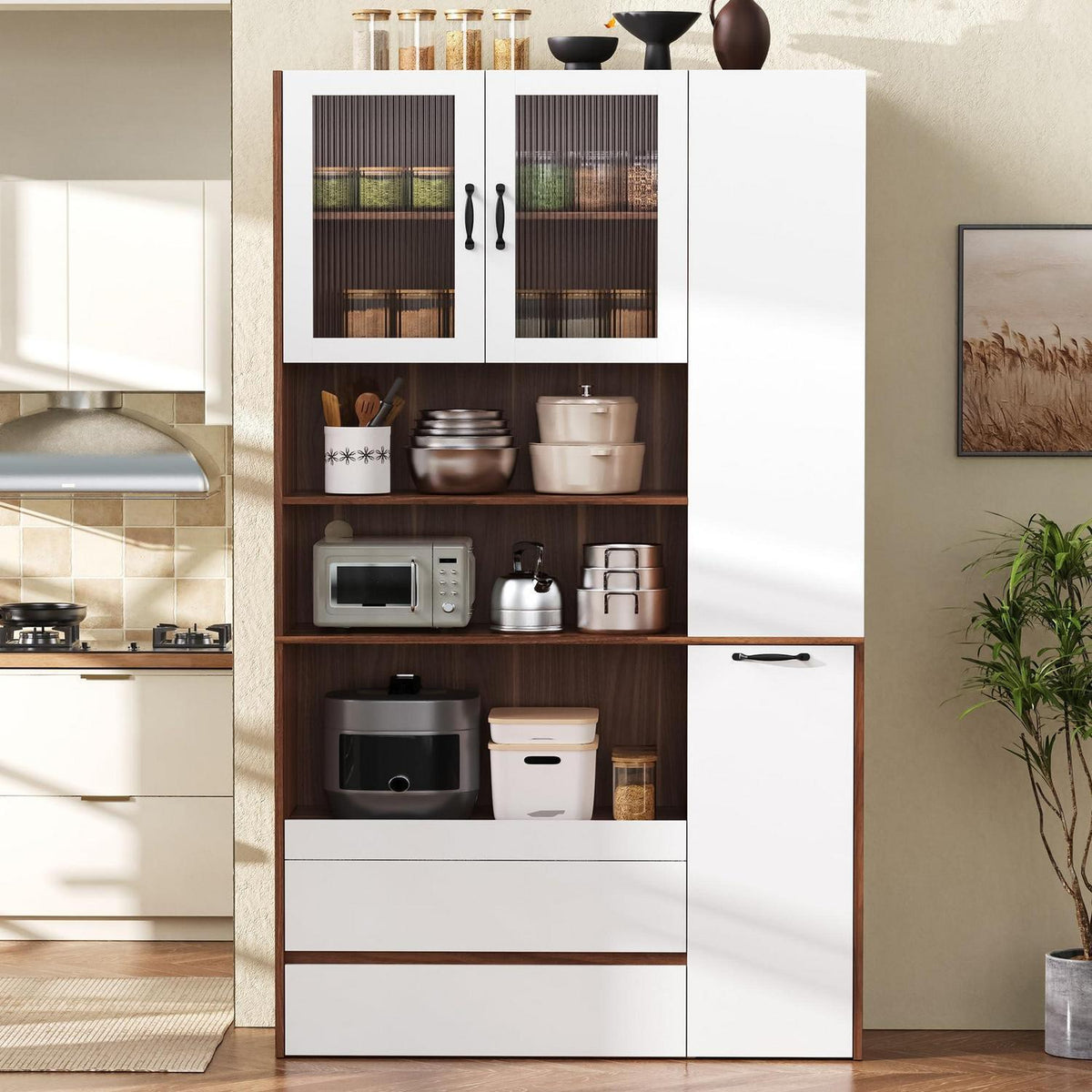 Highboard Weiß Nussbaum | Küchenschrank mit Schubladen & Regalböden