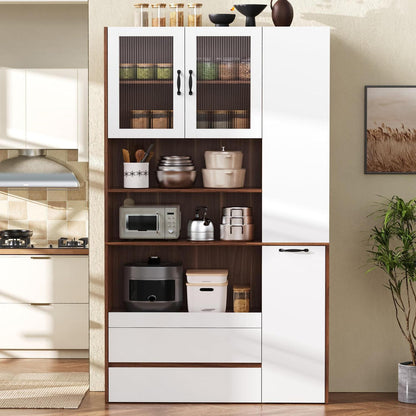 Highboard Weiß Nussbaum | Küchenschrank mit Schubladen & Regalböden