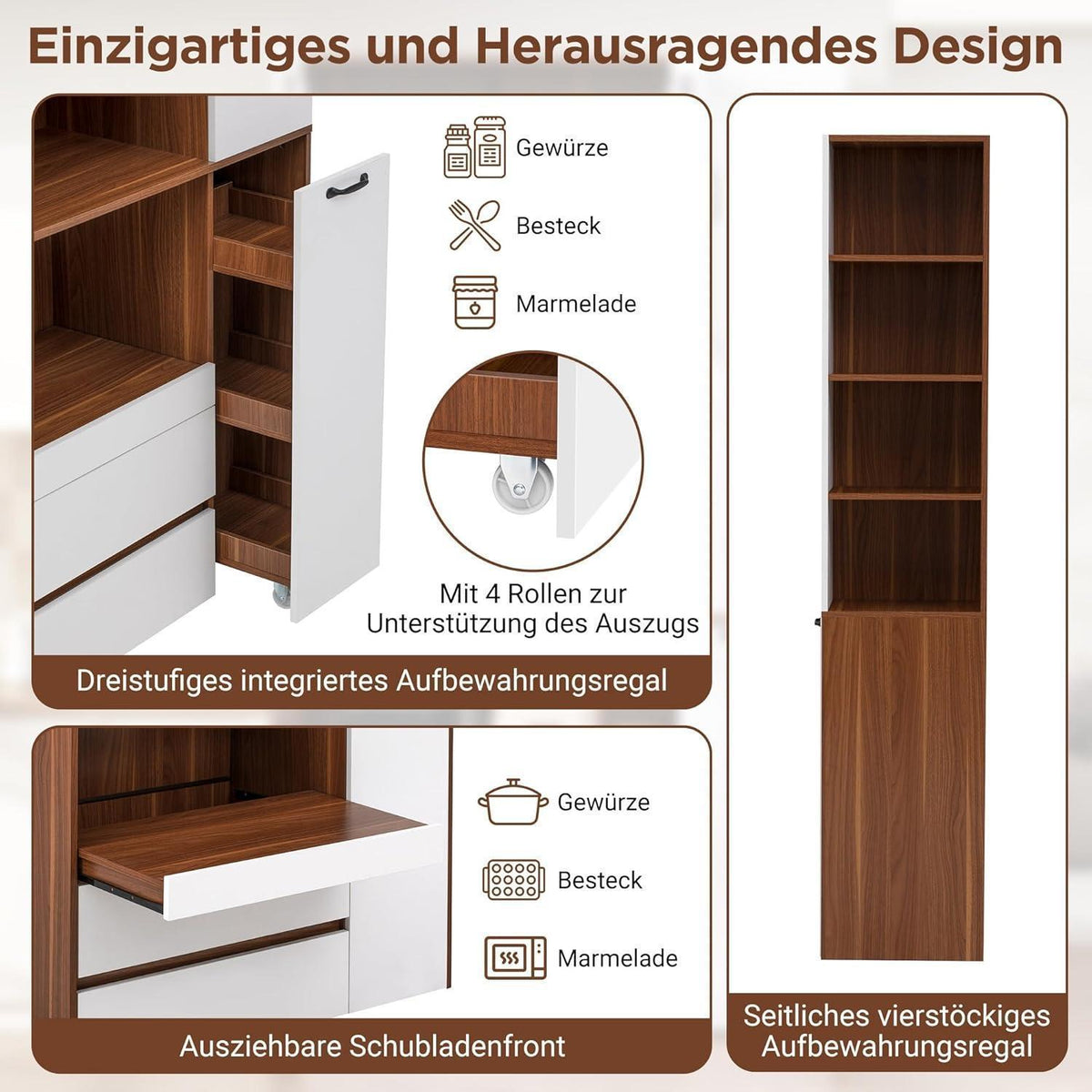 Highboard Weiß Nussbaum | Küchenschrank mit Schubladen & Regalböden