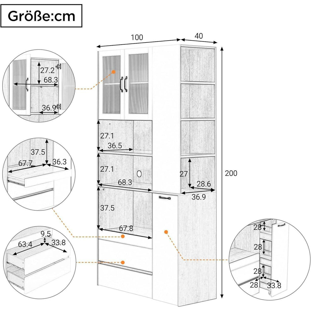 Highboard Weiß & Natur mit Schubladen & Regalböden