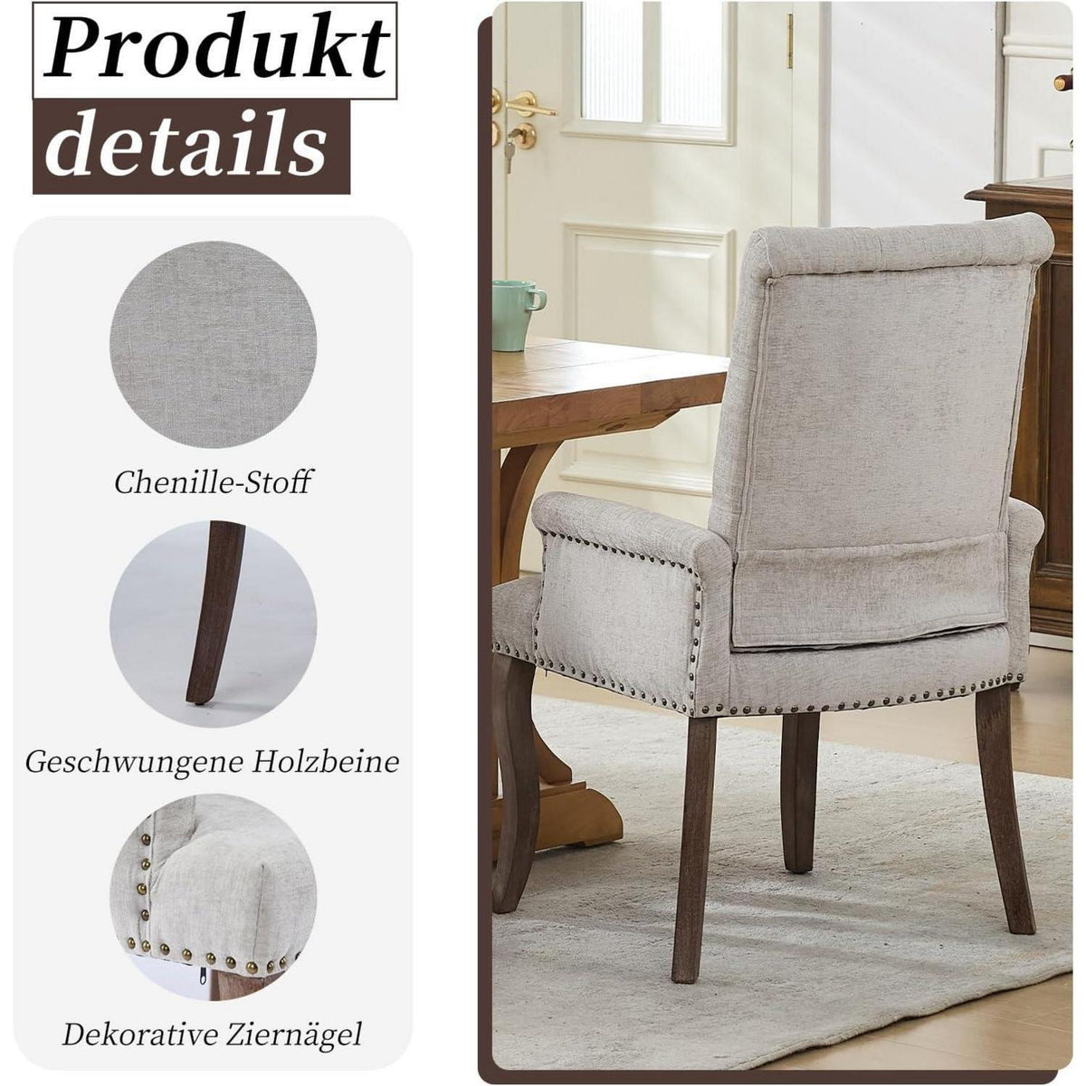 Beige Esszimmerstühle 4er-Set mit Armlehne & Chenille Polsterung