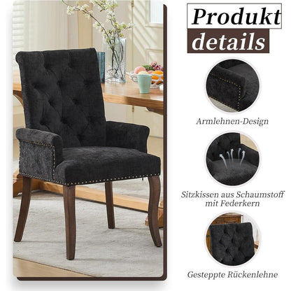 Esszimmerstühle Set 6 Schwarz mit Armlehne & Chenille Polsterung