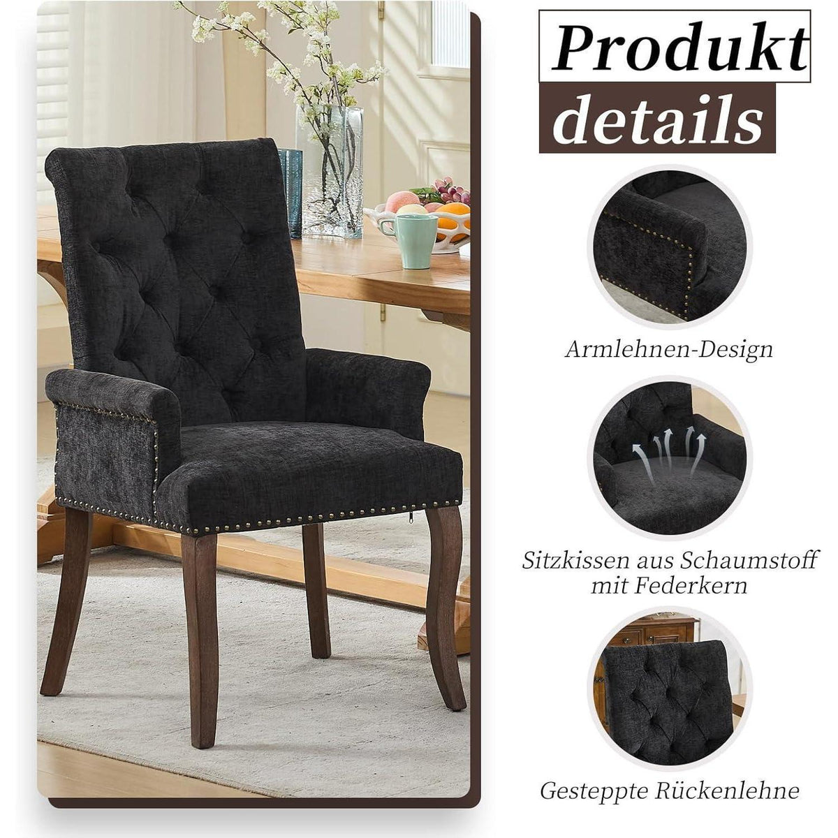 Schwarz Esszimmerstühle 2er-Set mit Armlehne & Chenille