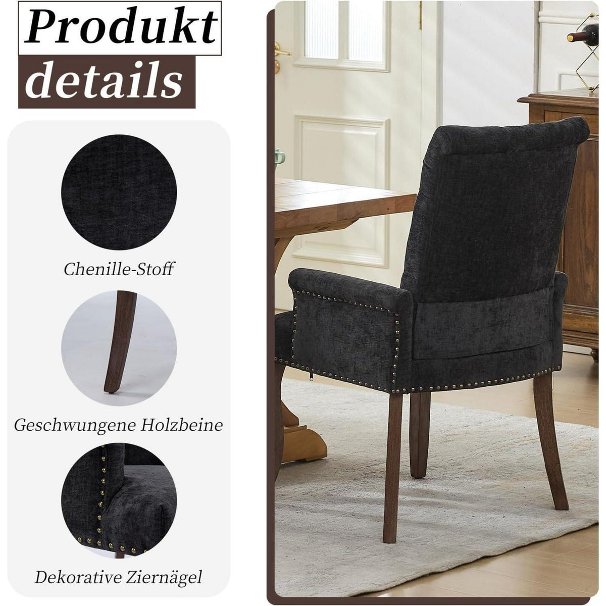 Schwarz Esszimmerstühle 2er-Set mit Armlehne & Chenille