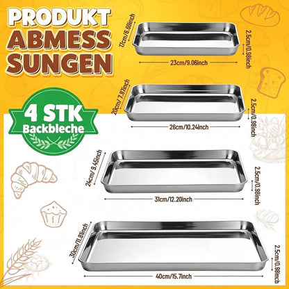 Edelstahl Backblech Set 4er – Rechteckige Kuchenformen 23-40cm