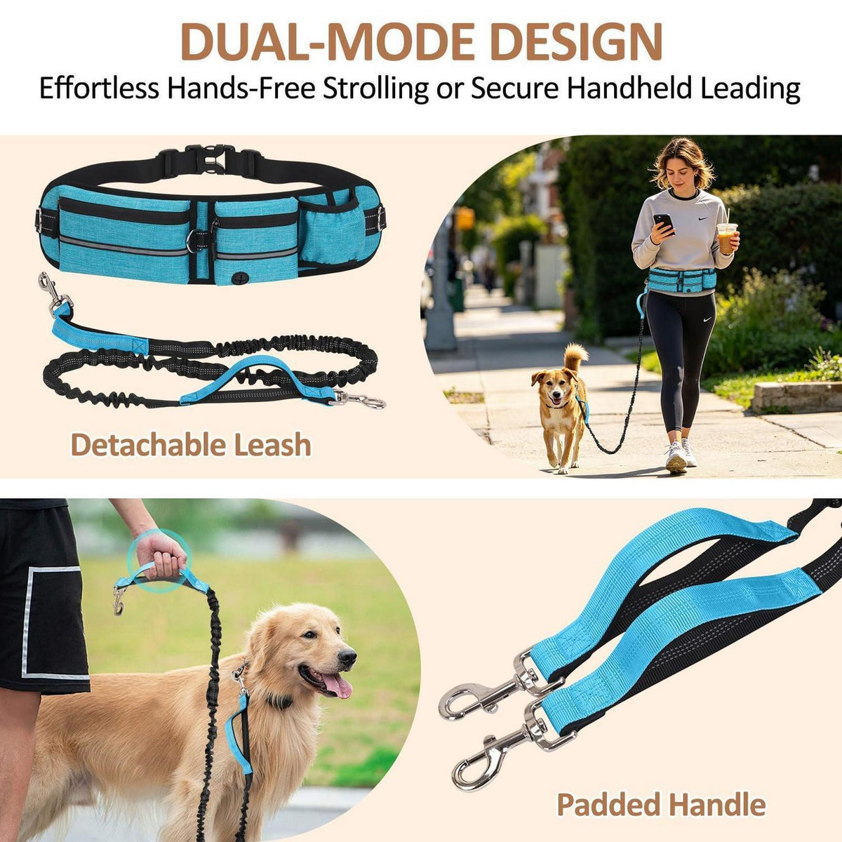 Joggingleine für Hunde mit Bauchgurt & Hüfttasche, Blau