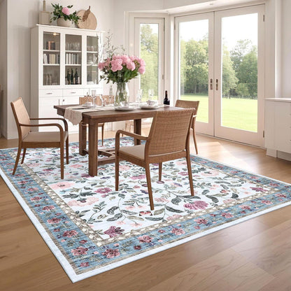 Waschbarer Teppich Floral Blau 140x200 cm – Rutschfest & Pflegeleicht