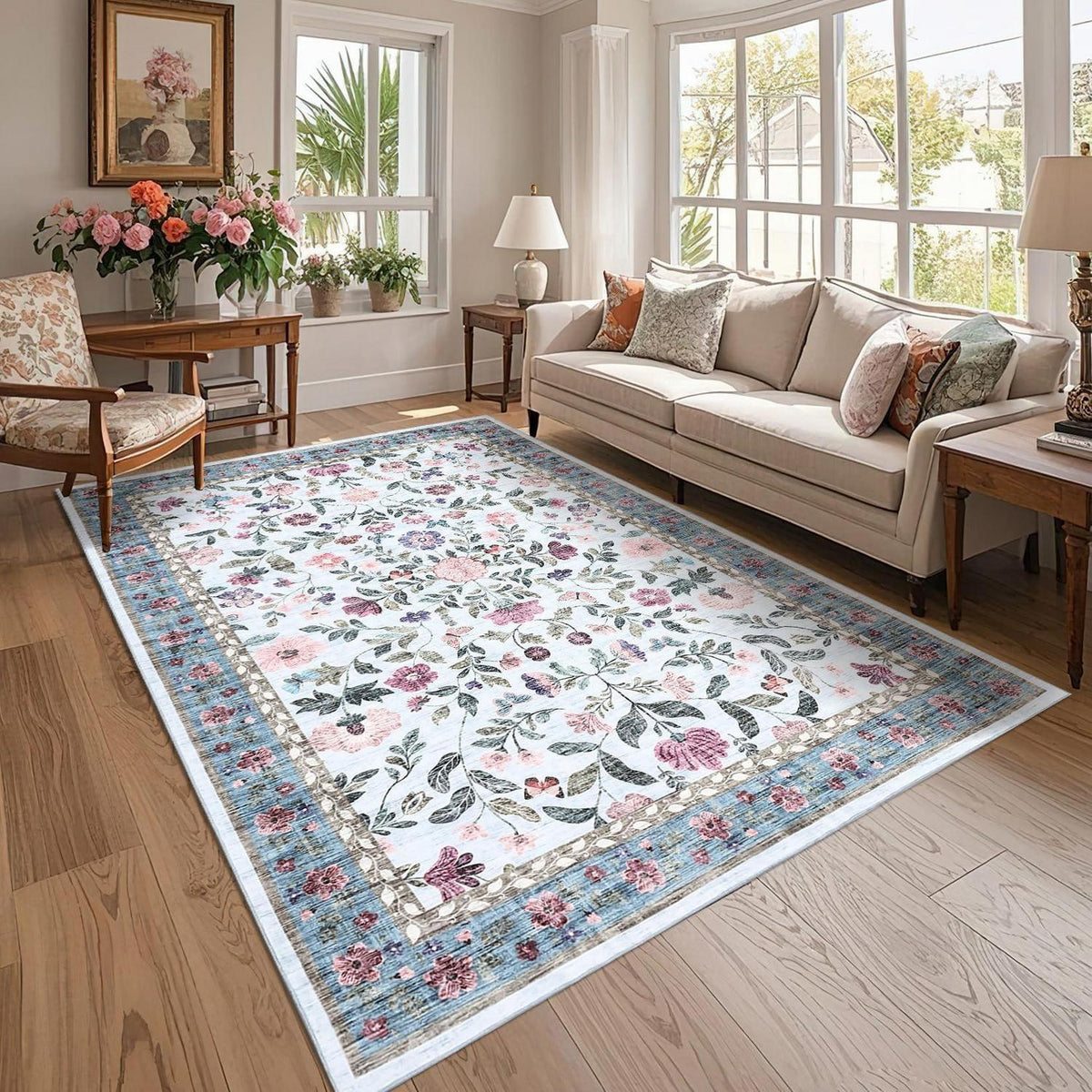 Waschbarer Teppich Floral Blau 140x200 cm – Rutschfest & Pflegeleicht