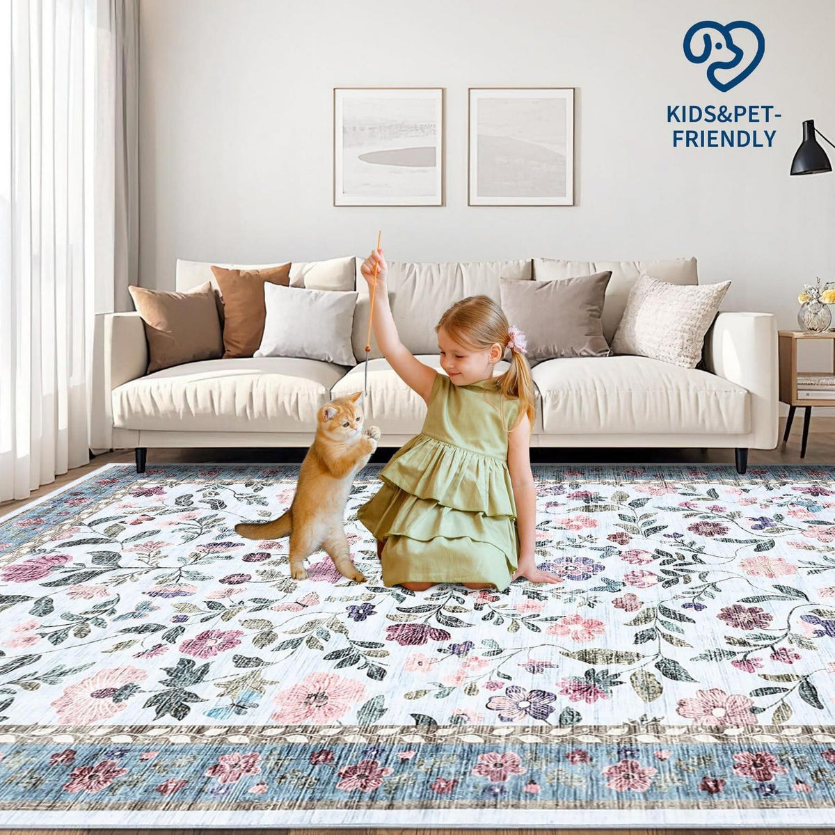 Waschbarer Teppich Floral Blau 140x200 cm – Rutschfest & Pflegeleicht