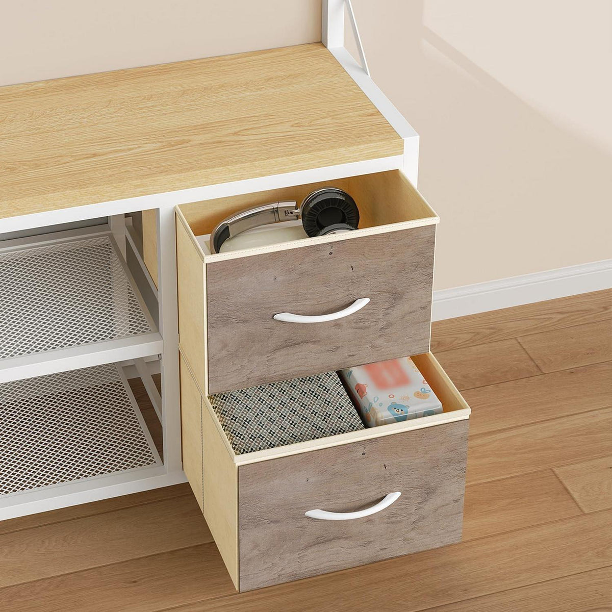 Garderobenständer mit Schuhbank & Haken – Weiß & Holzfarbe