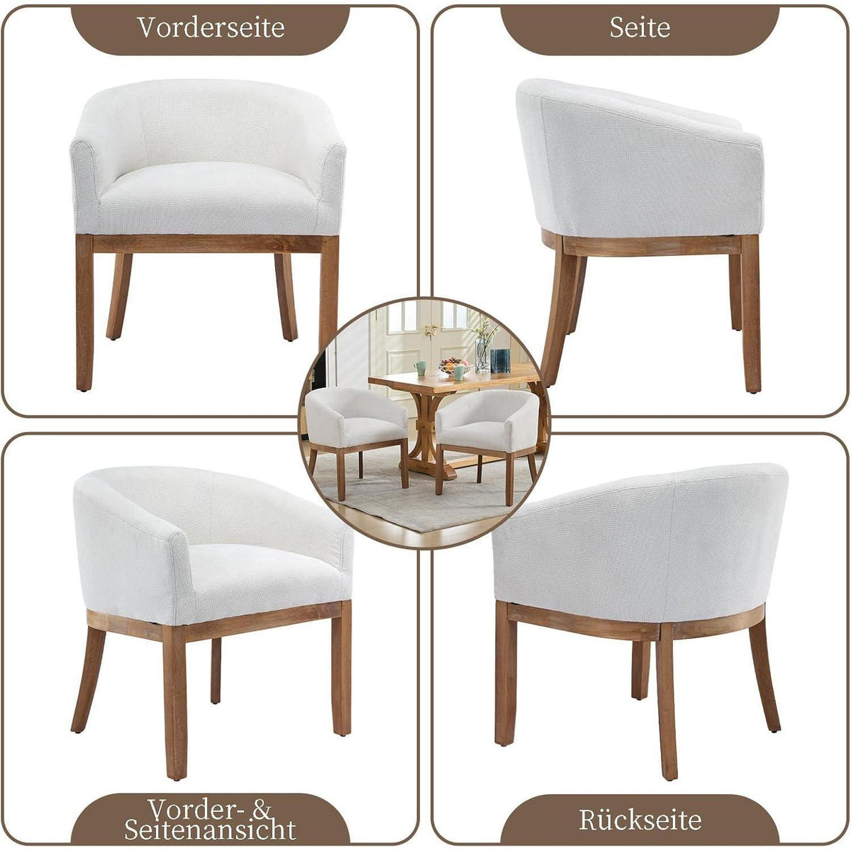 Mid Century Esszimmerstuhl mit Armlehnen, Beige Leinenstoff