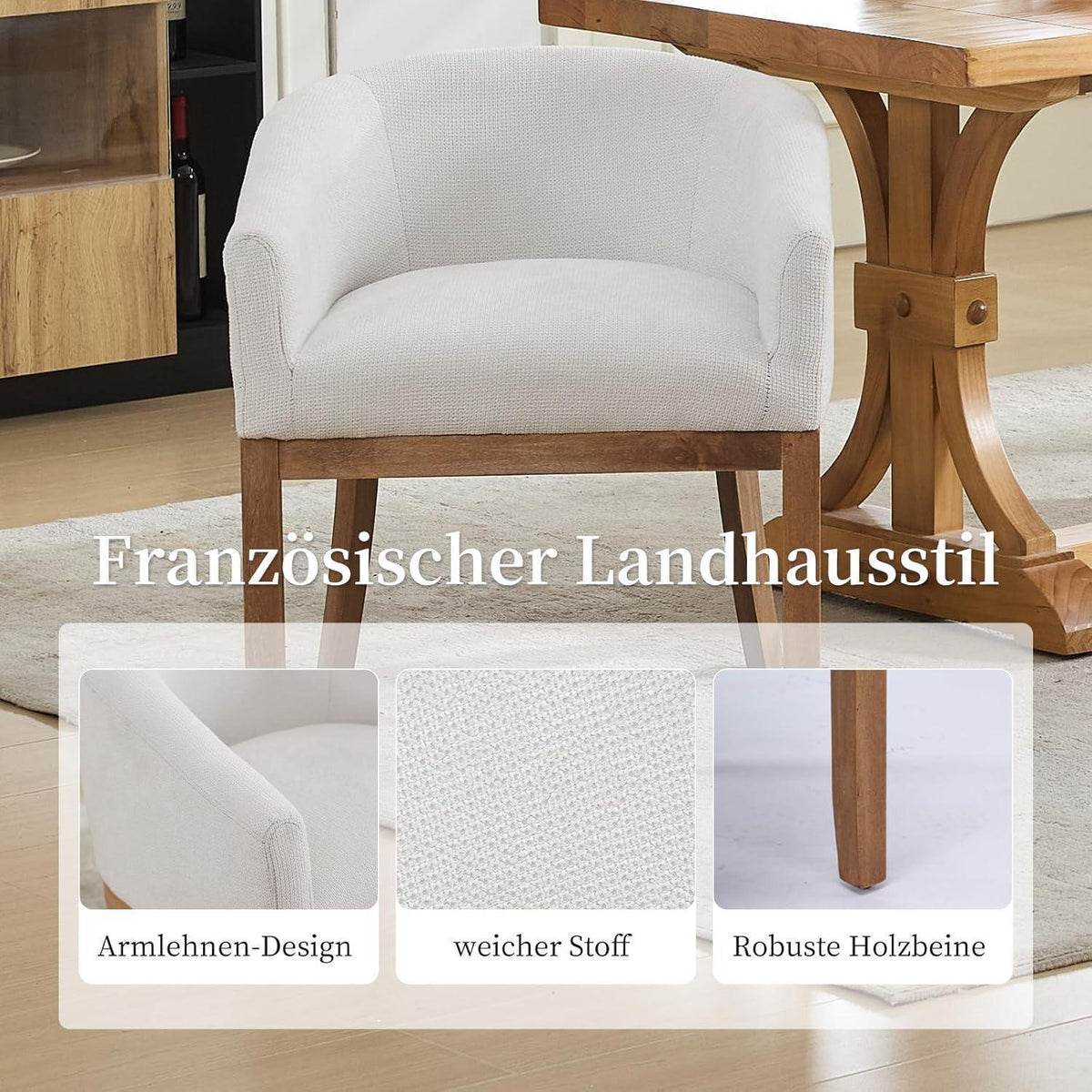 Esszimmerstühle Set 4er mit Armlehnen, Beige Leinenstoff