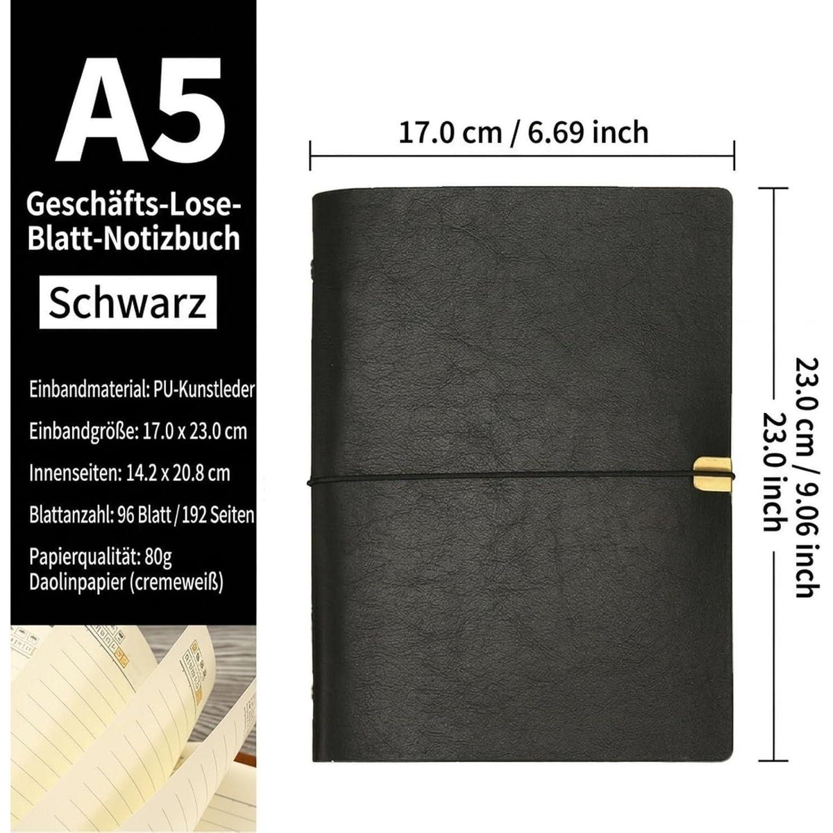 A5 Notizbuch mit Ringband und Bindeband – Schwarz