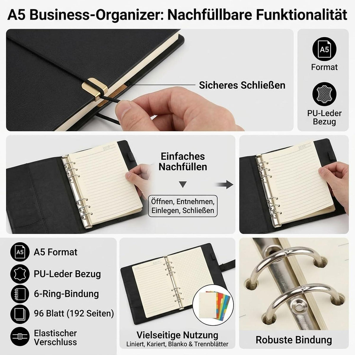A5 Notizbuch mit Ringband und Bindeband – Schwarz