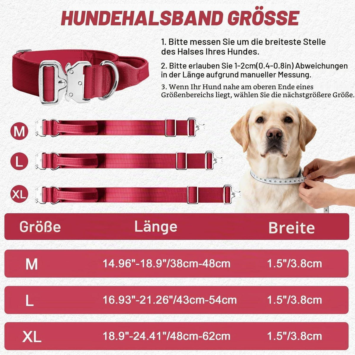 Taktisches Hundehalsband Rot M – Breites, Gepolstertes Training Halsband