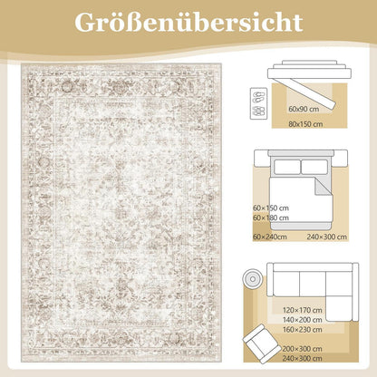 Vintage Teppich Läufer 60x240 cm Beige | Waschbar & Rutschfest