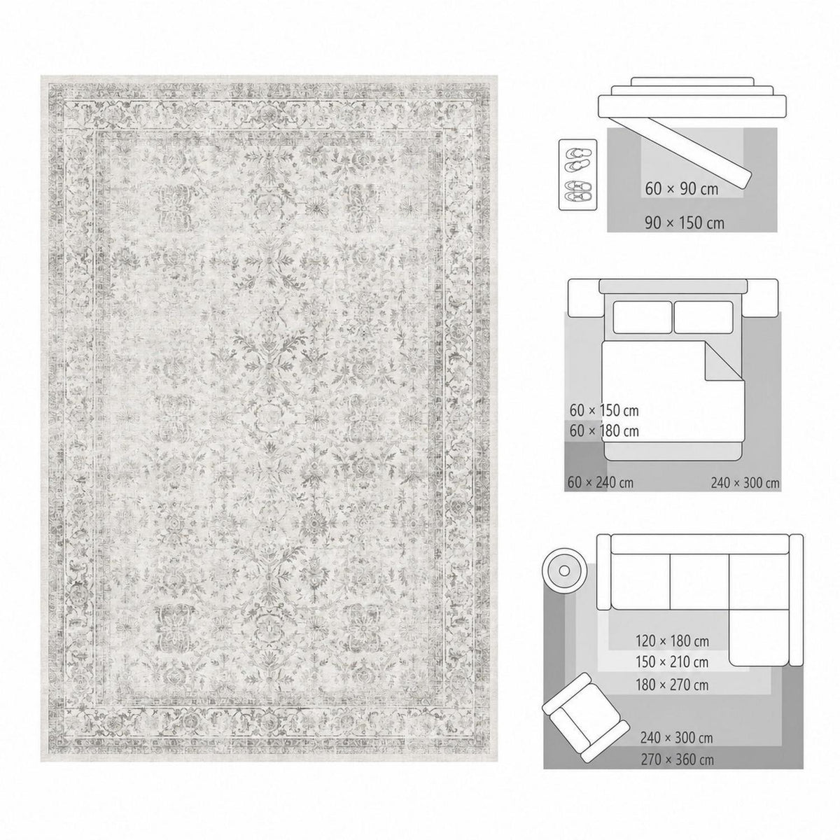 Vintage Teppich Grau 200x300 cm – Waschbar & Rutschfest
