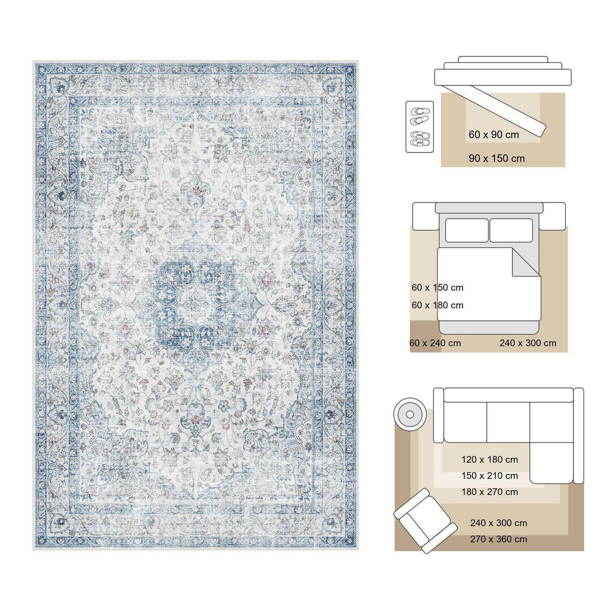Waschbarer Vintage Teppich Blau 120x170 cm