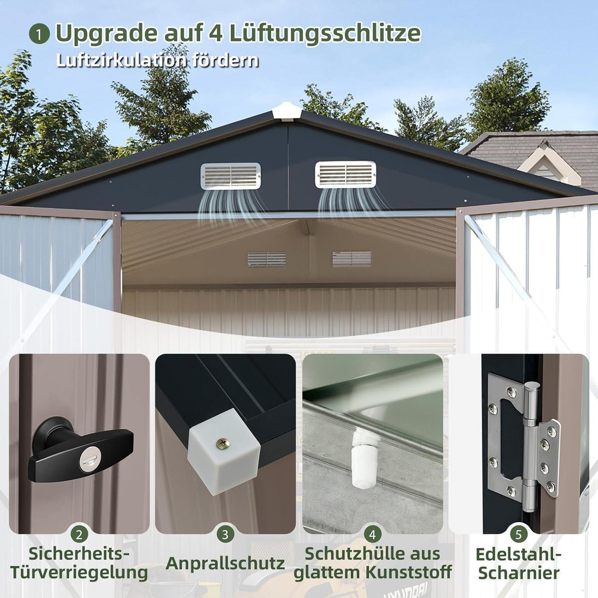 Großer Metall-Gartenschuppen 8x6ft mit Doppeltür & Satteldach