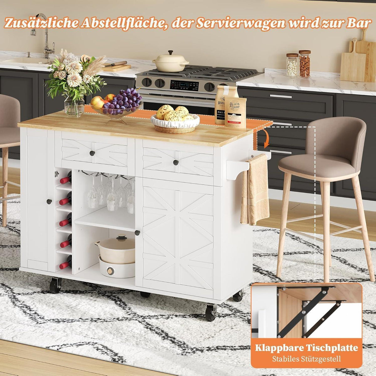 Freistehende Kücheninsel mit Klappplatte & Stauraum (Weiß)
