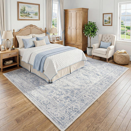 Waschbarer Vintage Teppich Blau 200x300 cm – Wohnzimmer Schlafzimmer