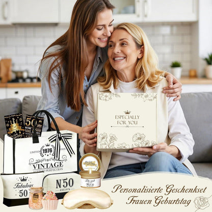 50. Geburtstag Geschenk Frau - 9tlg. Wellness Set mit Vintage Tasche