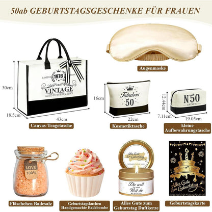 50. Geburtstag Geschenk Frau - 9tlg. Wellness Set mit Vintage Tasche