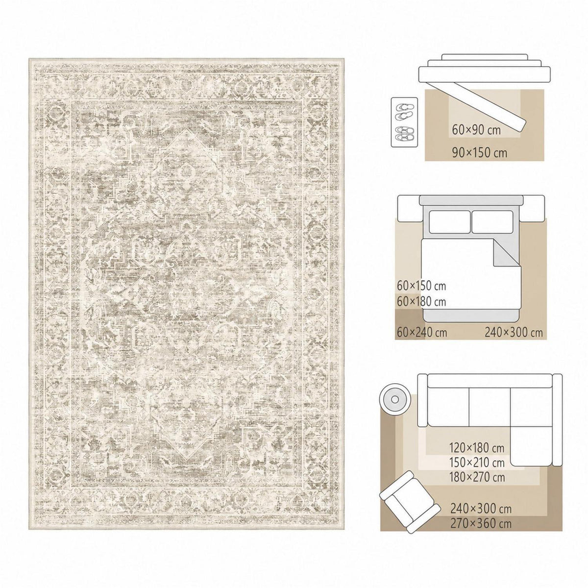 Waschbarer Vintage Teppich Braun 200x300 cm – Wohnzimmer Schlafzimmer