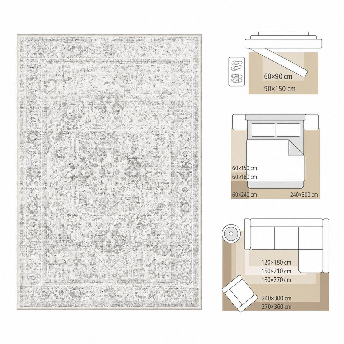 Waschbarer Vintage Teppich Grau 200x300 cm – Wohnzimmer Schlafzimmer