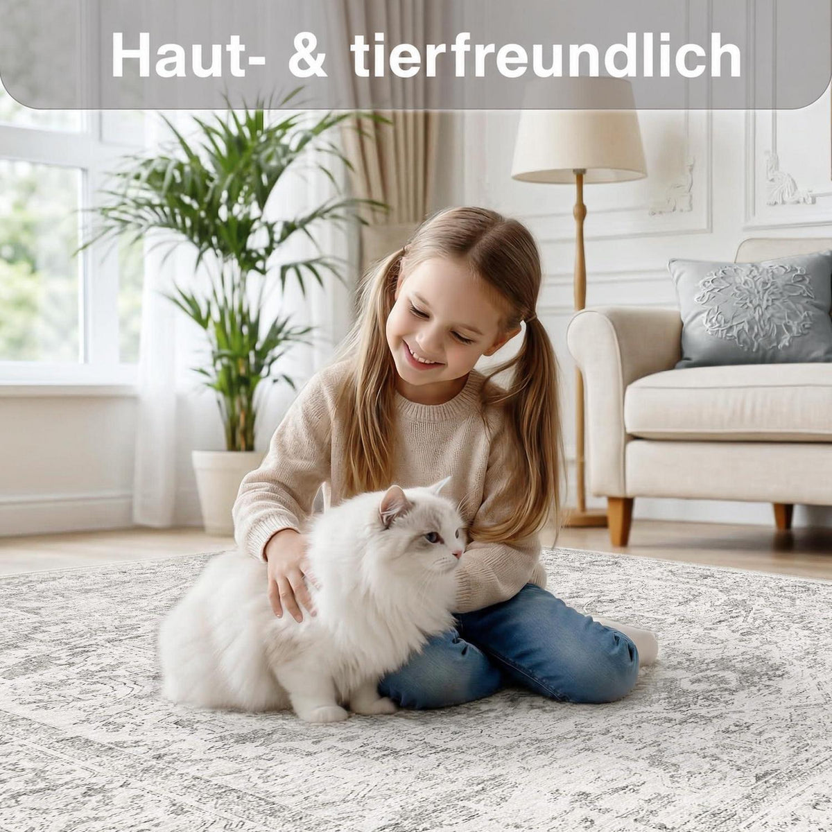 Waschbarer Vintage Teppich Grau 200x300 cm – Wohnzimmer Schlafzimmer