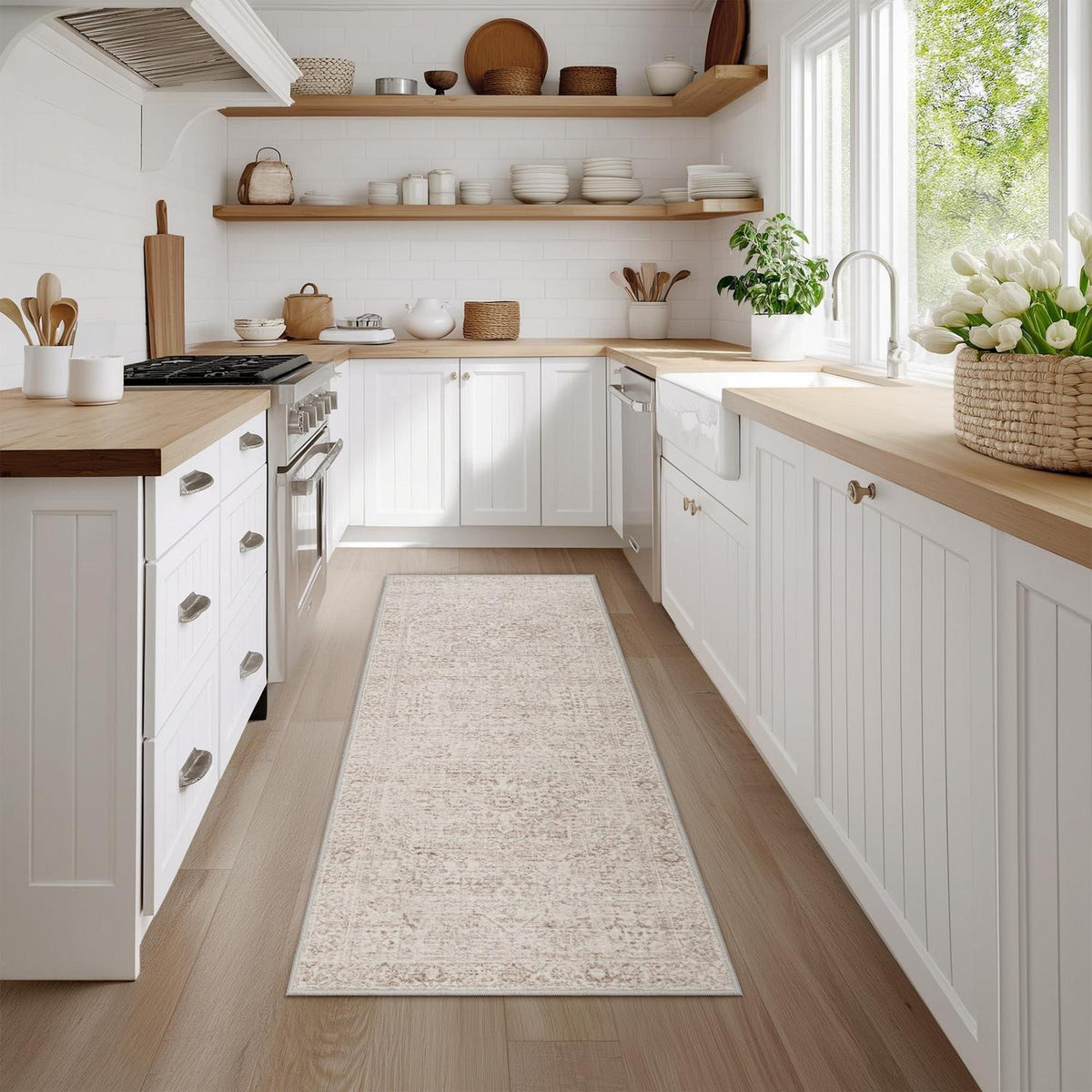 Beige Vintage Teppich Läufer 60x240 cm Waschbar