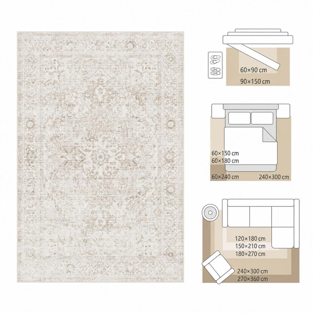 Waschbarer Vintage Teppich Beige 160x230 cm